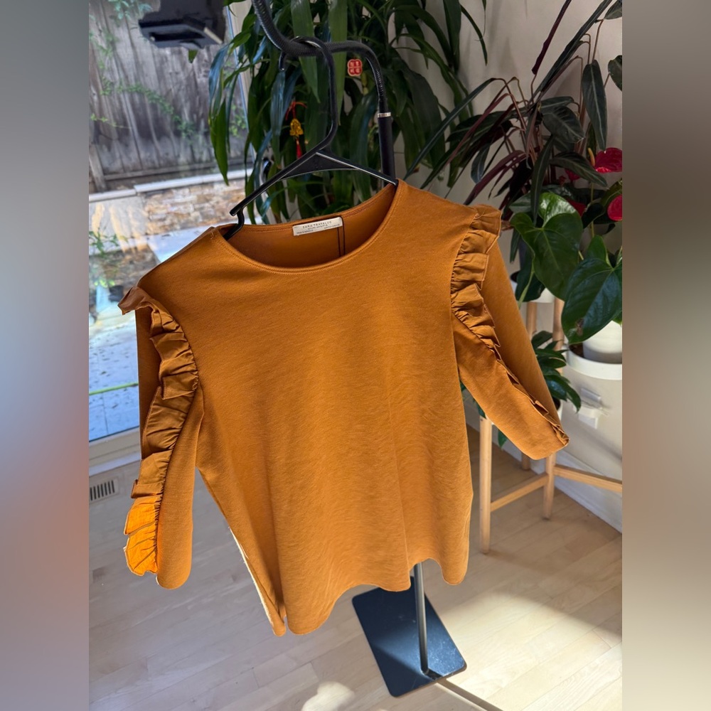 Zara Mustard Ruffle-Trim 3/4 Sleeve Top